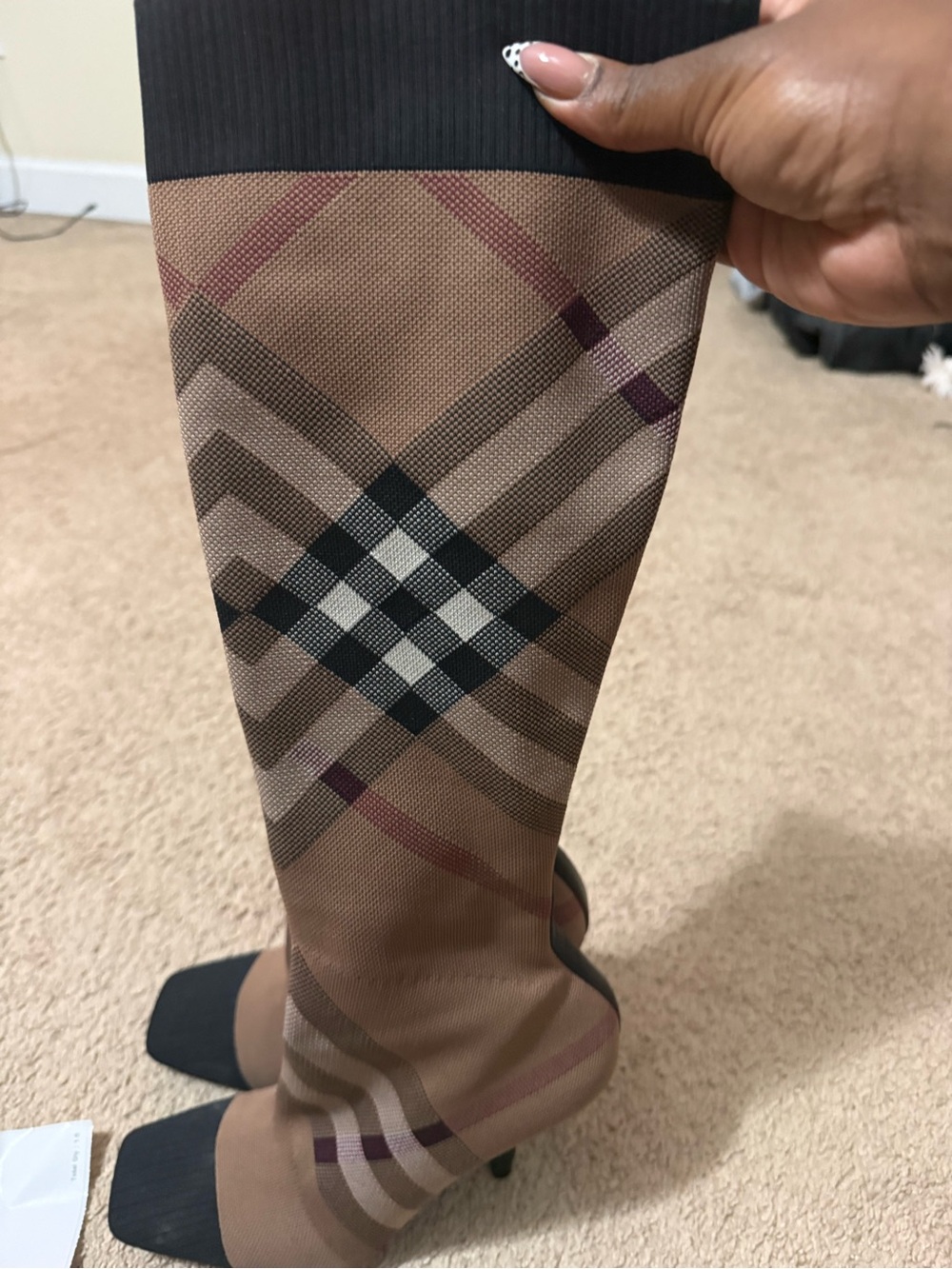 Burberry  Beige Plaid Socks Heels